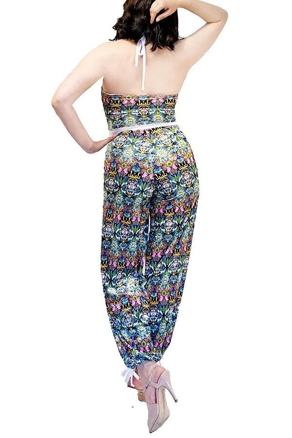 vintage print velvet wide-leg tango jumpsuit with adjustable ankle ties