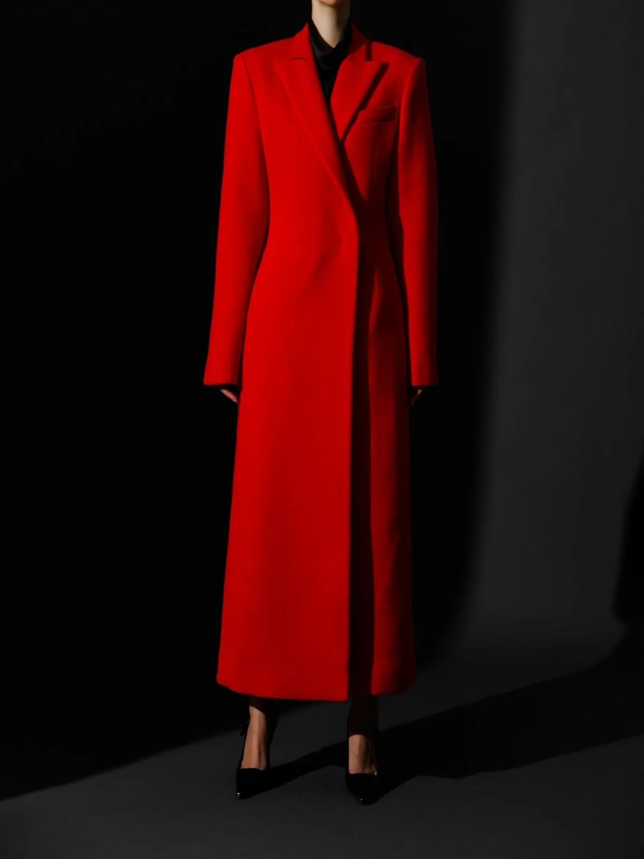 VIRGIN WOOL PEAKED LAPEL TAILORED MAXI COAT