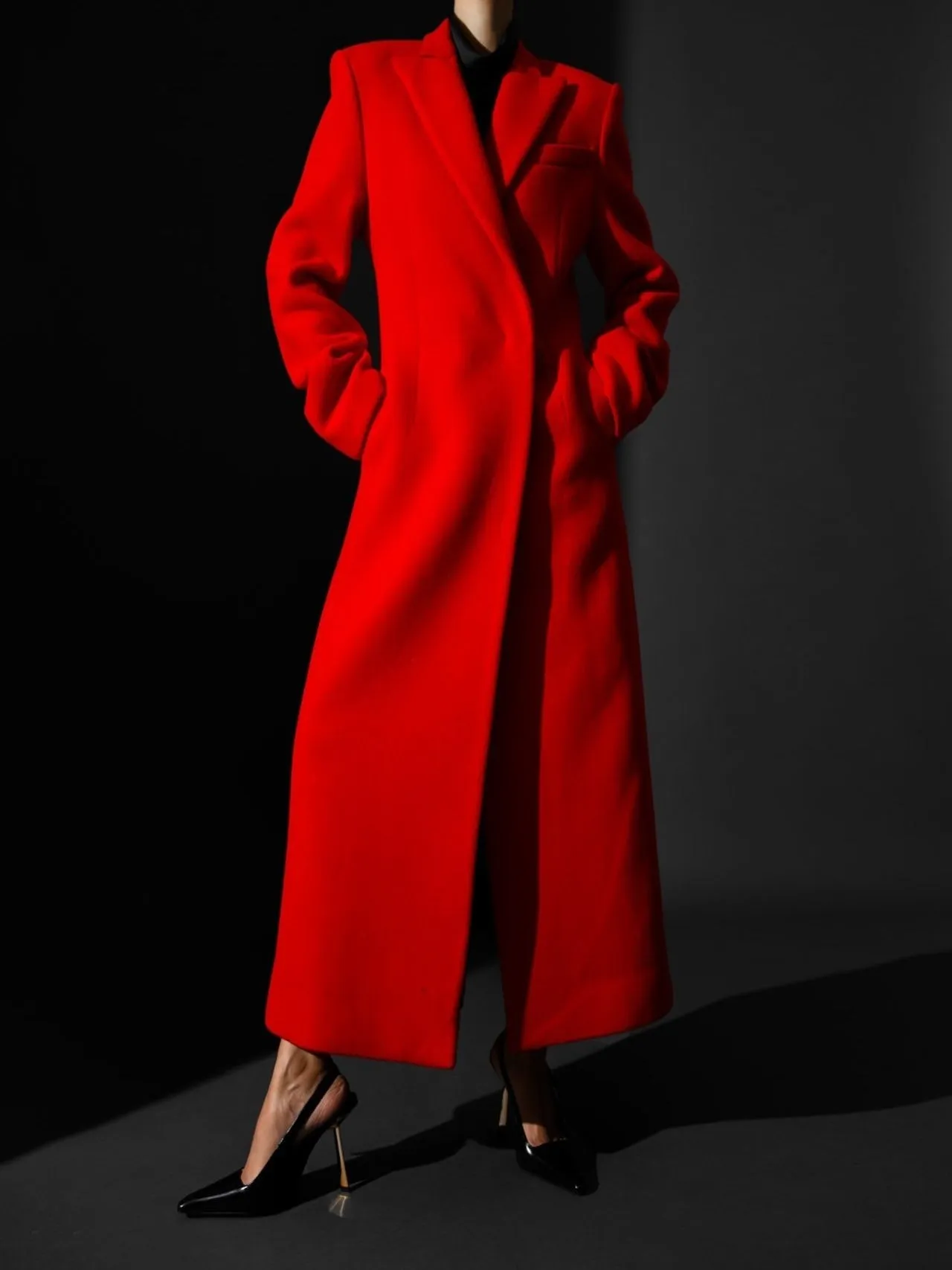 VIRGIN WOOL PEAKED LAPEL TAILORED MAXI COAT