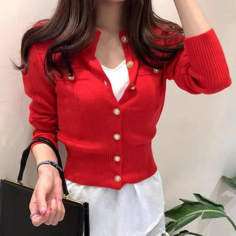 Women Cardigan Sweater Fashion Spring Knitted Long Sleeve Short Coat Chic Korean Slim Button Ladies Soft Tops