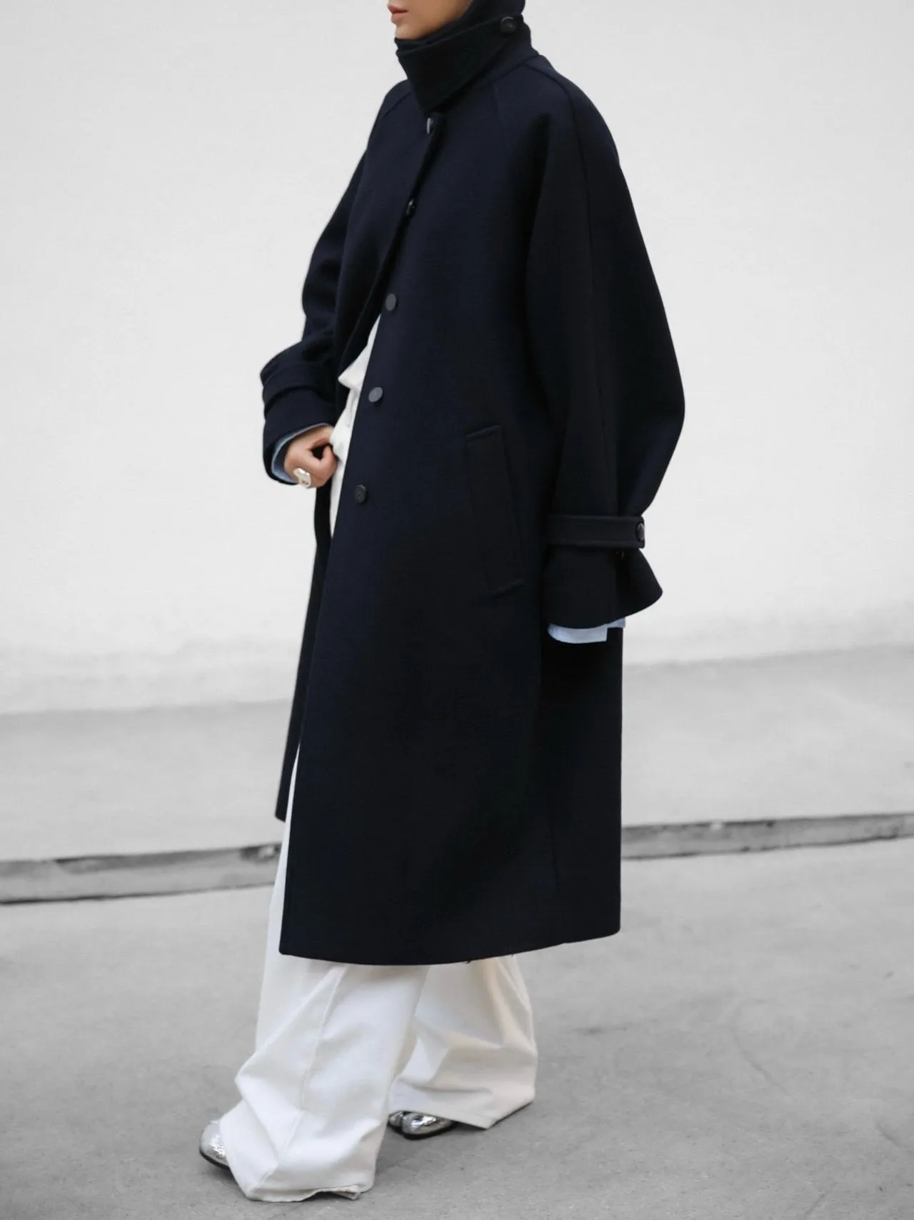 WOOL OVERSIZED HIGH NECK COLLARED BALMACAAN COAT