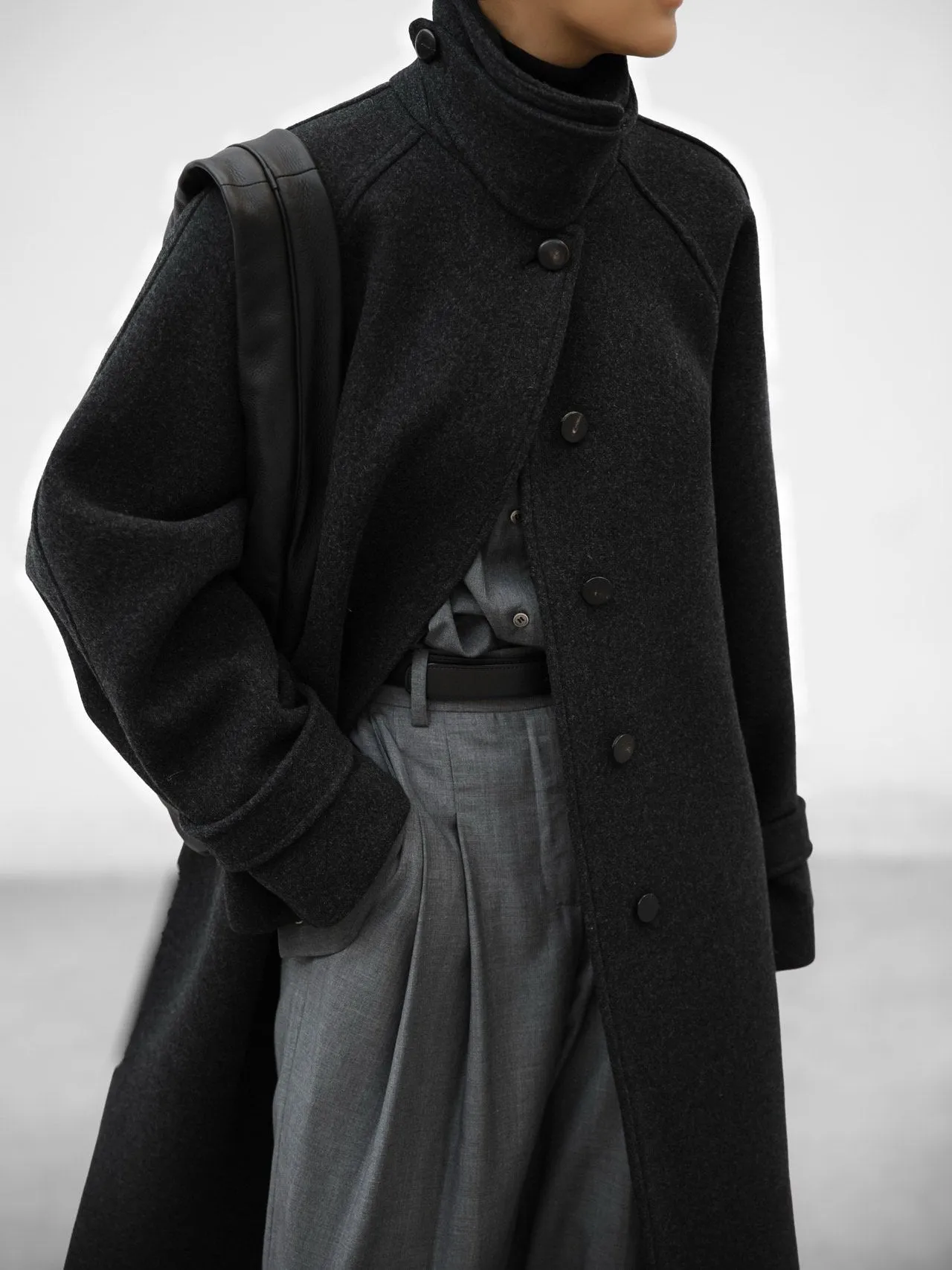 WOOL OVERSIZED HIGH NECK COLLARED BALMACAAN COAT