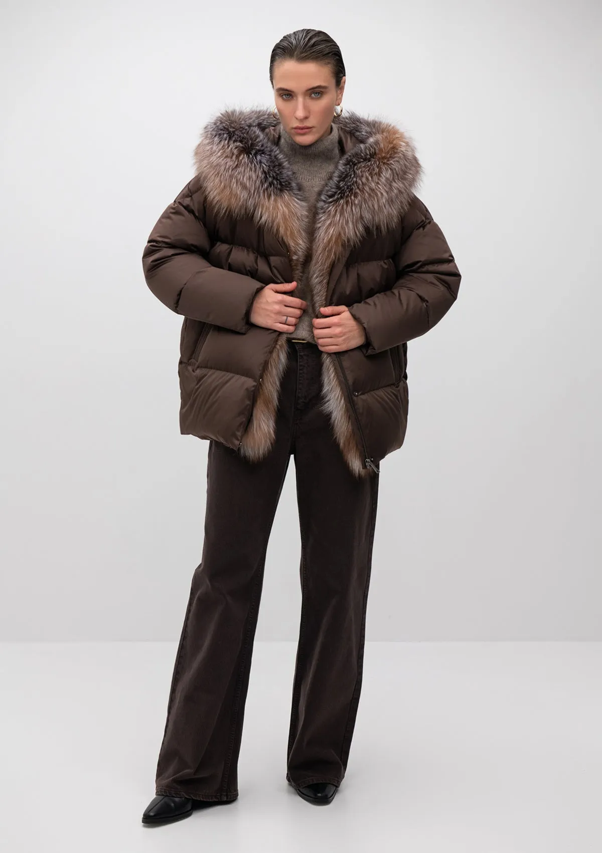 Yves Genuine Silver Fox Fur Down Fill Coat