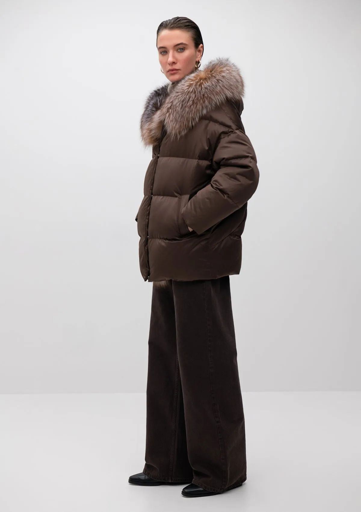 Yves Genuine Silver Fox Fur Down Fill Coat