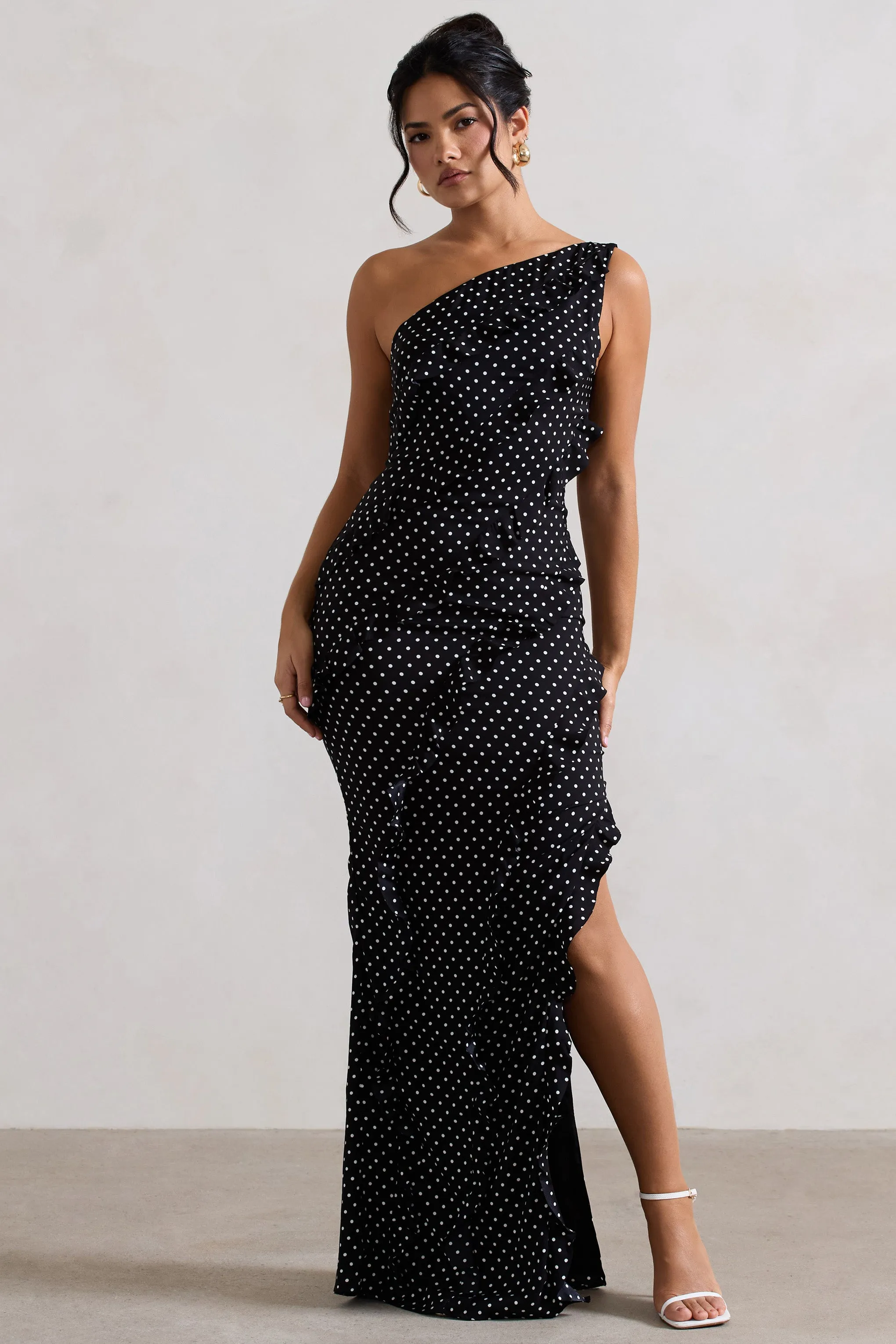 Zafra | Black Polka Dot Asymmetric Ruffle Maxi Dress