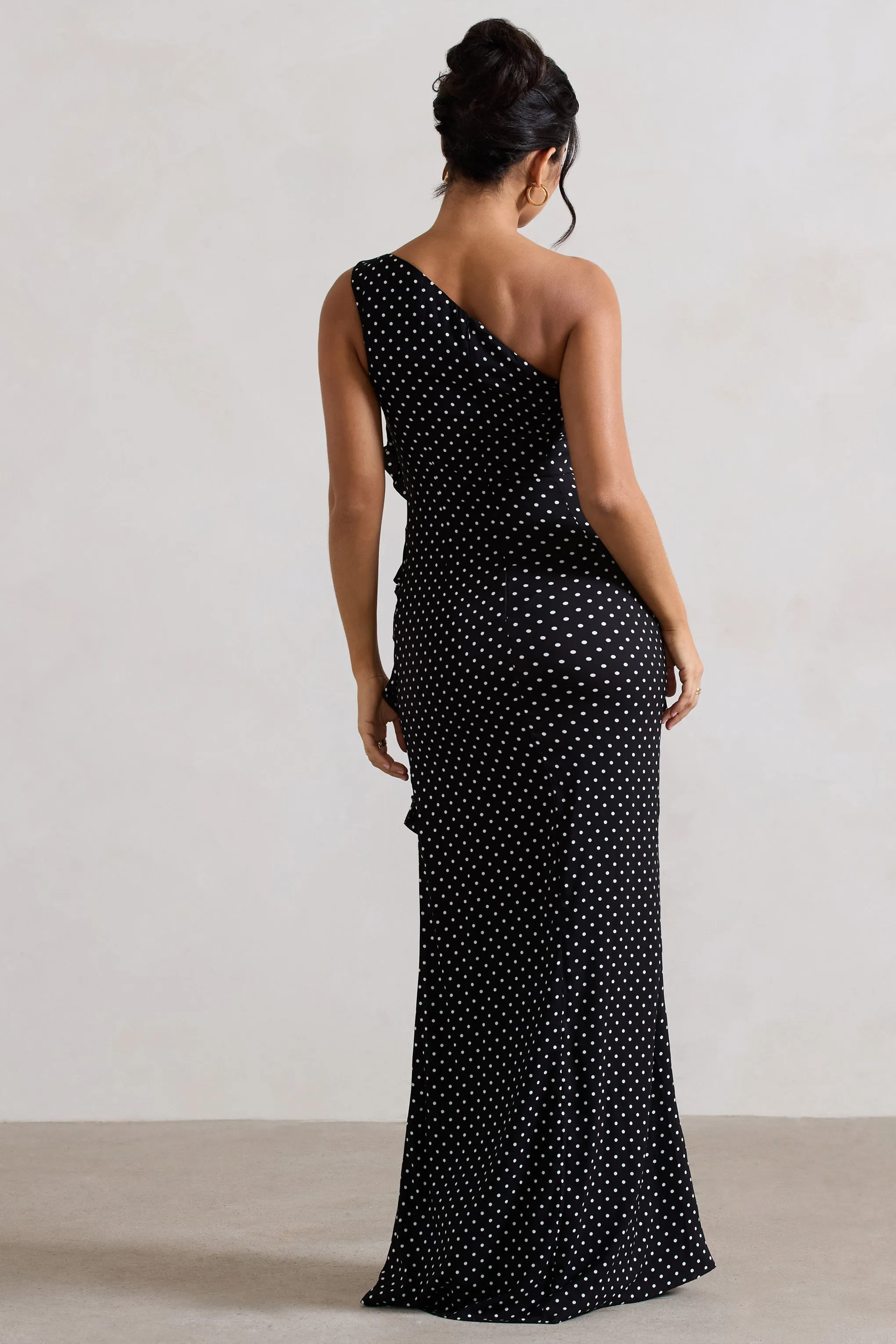 Zafra | Black Polka Dot Asymmetric Ruffle Maxi Dress